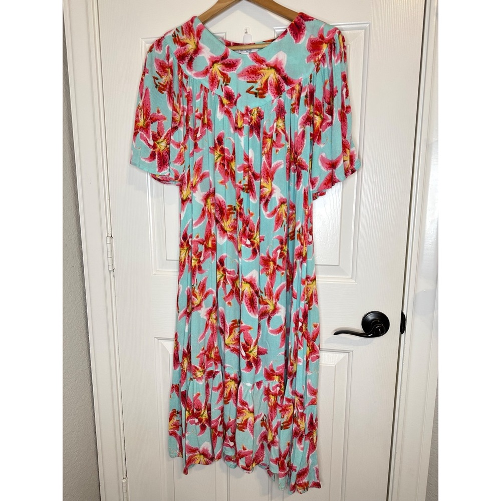 Go Softly Patio Baby Blue Pink Floral Honeysuckle Mumu Midi Dress Sz M Prairie